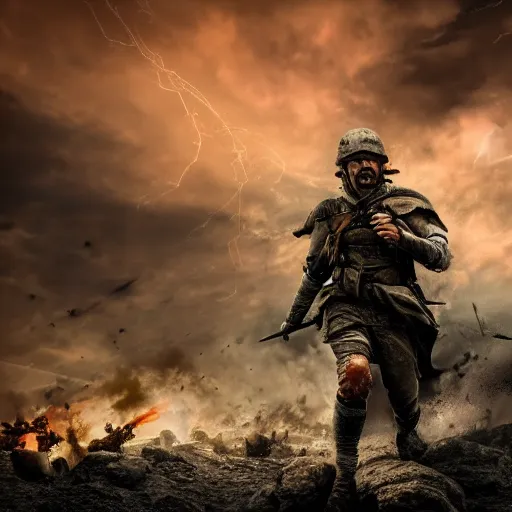 Image similar to war, pyrrhic war, loner, battlefield scene, dramatic lighting, ultra hd, hdr, 8 k