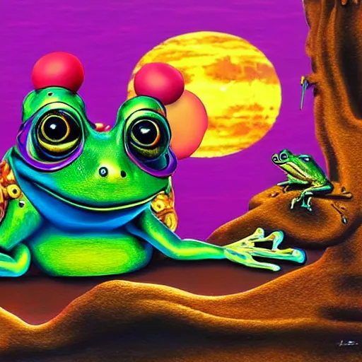 Prompt: a frog doing lsd and enjoying a moonrise, realistic, 4k, hyperdetailed, style of salvador dali