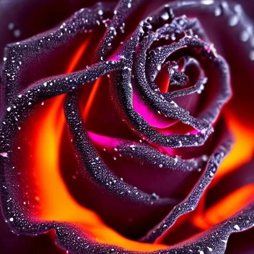 Image similar to award - winning macro of a beautiful black rose made of glowing molten magma