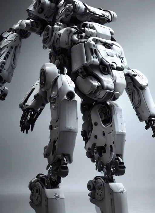 Prompt: a Photorealistic dramatic hyperrealistic full frame render of a futuristic exosuit warrior Mech,Ultra realistic details,glossy white metal,weathered surfaces,by Hidetaka Tenjin,Yoh Yoshinori,Yoji Shinkawa,Masamune Shirow,Beautiful dramatic dark moody tones and lighting,cinematic atmosphere,studio lighting,shadows,dark background, Octane render,8K