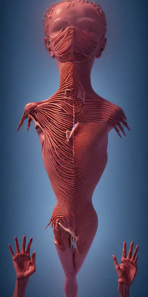 Image similar to poster design, full body anatomical model, 3 d photographic render of a deconstructed asymmetric human anatomical correct human body, in hoc signo vinces, waterfall, in the style of leonora carrington, gottfried helnwein, intricate composition, blue light by caravaggio, insanely quality, highly detailed, masterpiece, red light, artstation