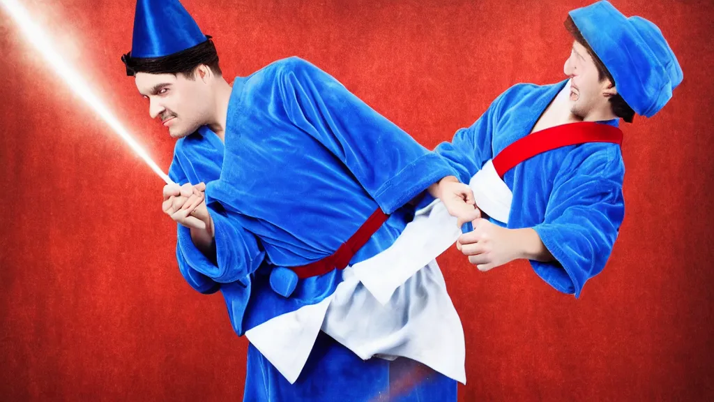 Prompt: A magician wearing blue robe with red belt. Airbrush style.