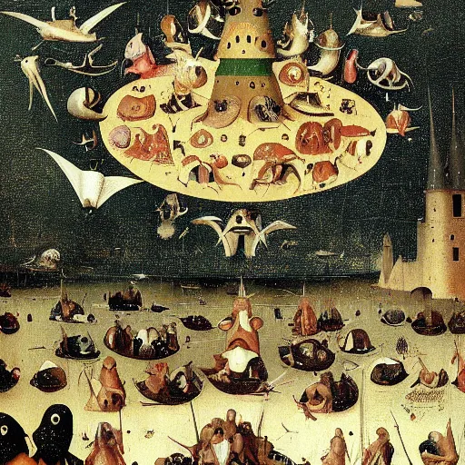 Prompt: absolute void filled with fish people flying and eating frogs, by hieronymus bosch