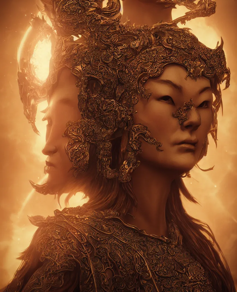 Image similar to ancient mongolian evil goddess portrait. burning magical halo. cinematic light. rendered in octane render. trending on artstation and cgsociety. depth of field. intricate ornaments