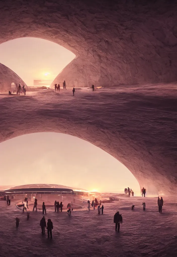 Image similar to big underground city in antartica with a transparent roof that shows a beautiful sunset, multiple people in the tunnels around campfires and futuristic igloos, facinating, fantasy digital art, octane render, beautiful composition, trending on artstation, award-winning photograph, masterpiece