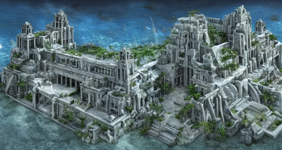 Image similar to the lost city of Atlantis, underwater, fully built buildings, white marble, hyper detailed, 4K