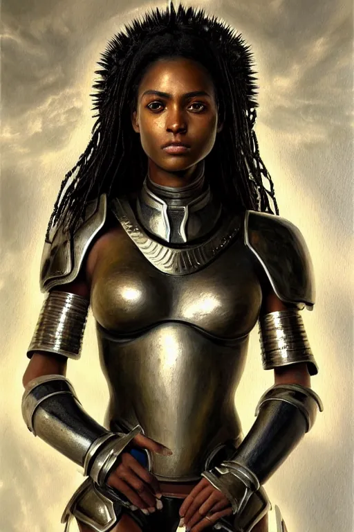 Prompt: a photorealistically painted portrait of an attractive young black girl, partially clothed in metal-plated battle armor, with an abstractly painted background, flawless olive skin, fair complexion, long dark hair, beautiful bone structure, perfectly symmetric facial features, perfect photorealistic eyes, natural physique, intricate, elegant, digital painting, concept art, finely detailed, beautifully illustrated, sharp focus, minimal artifacts, volumetric lighting, from DOOM and Halo, by Ruan Jia and Mandy Jurgens and Artgerm and William-Adolphe Bouguerea, in the style of Greg Rutkowski, trending on Artstation, award winning art