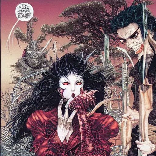 Image similar to vampire kiss, by yoichi hatakenaka, masamune shirow, josan gonzales and dan mumford, ayami kojima, takato yamamoto, karol bak