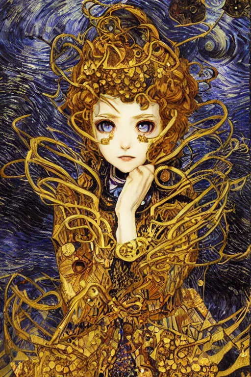 Prompt: Kirisame Marisa from touhou, official artwork, by Karol Bak, Jean Deville, Gustav Klimt, and Vincent Van Gogh, Surreality, otherworldly, fractal structures, arcane, ornate gilded medieval icon, spirals