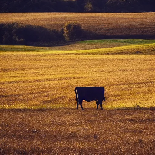 Prompt: photo of a cow in a field golden jour