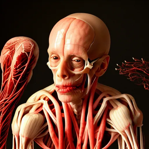 Image similar to Donald Trump with translucent skin, visible muscles and veins and arteries and bones and spine and nerves, beautiful detailed intricate insanely detailed octane render, 8K artistic photography, photorealistic, chiaroscuro, by David Cronenberg, Raphael, Caravaggio