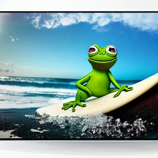 Image similar to a closeup photorealistic photograph of a cute pepe the frog on a surfboard surfing on the waves at sunset. surf in background. professional capture. brightly lit scene. this 4 k hd image is trending on artstation, featured on behance, well - rendered, extra crisp, features intricate detail, epic composition and the style of unreal engine