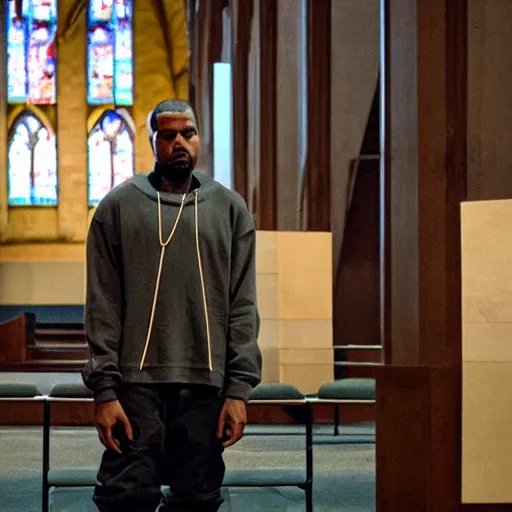 Prompt: kanye west praying in a church