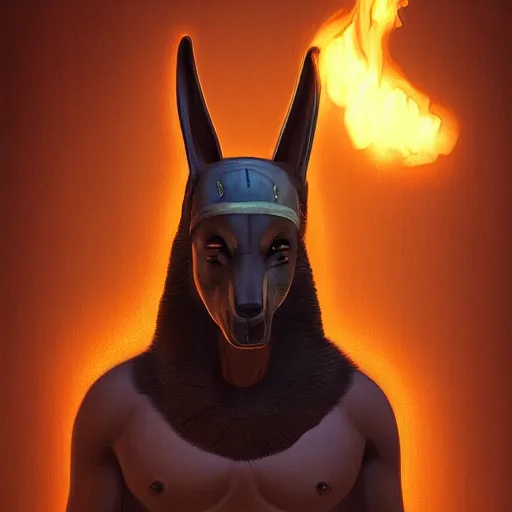 Image similar to A portrait of Anubis, he is glaring at the viewer and there is fire behind him, beautiful digital art trending on artstation, 4k, greg rutowski, extremely detailed, vivid three point lighting, backlit fur