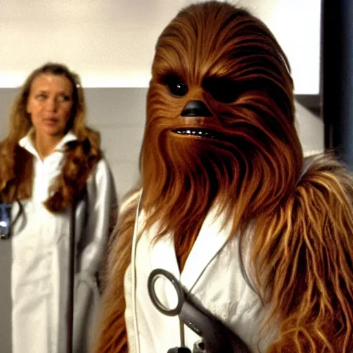 Image similar to chewbacca in the role of nurse from doctor haus movie, medical dress, white lab coat, detailed, demical outfit, in the lab, film still