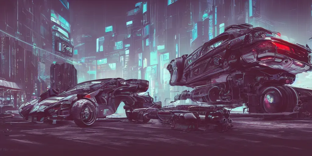 Prompt: several cyberpunk vehicle designs , Kim Jung Gi, trending on Artstation, 8K, ultra wide angle, pincushion lens effect.
