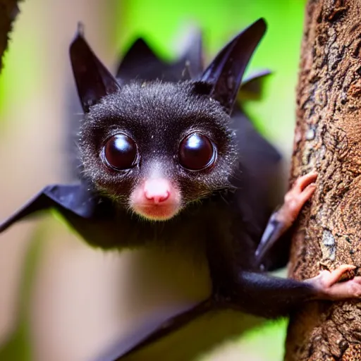 Image similar to very very very very cute chibi baby fruit bat, portrait, pixar style, forest background, cinematic lighting, award winning creature portrait photography