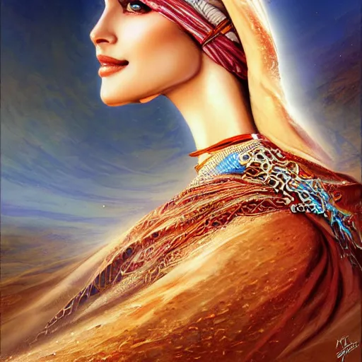 Image similar to a beautiful arabian woman in the sahara desert by karol bak, ayami kojima, artgerm, arabian beauty, blue eyes, smile, concept art, fantasy