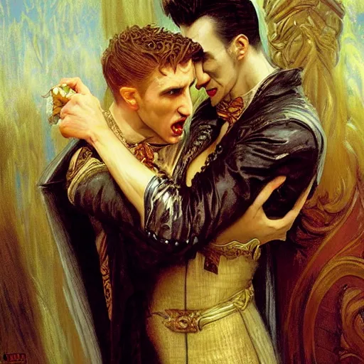 Image similar to attractive male, arthur pendragon confesses his love to attractive male dracula the vampire. highly detailed painting by gaston bussiere, craig mullins, j. c. leyendecker 8 k