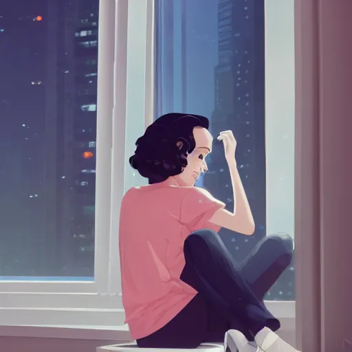 Image similar to portrait of a beautiful girl with dark hair that's styled in a 1940's fashion, dressed in a white t-shirt, sitting in an apartment alone at night, by window that overlooks futuristic city, nighttime, low-key neon lighting, 4k, HQ, official media, anime key visual, makoto shinkai, ilya kuvshinov, lois van baarle, rossdraws, detailed, trending on artstation