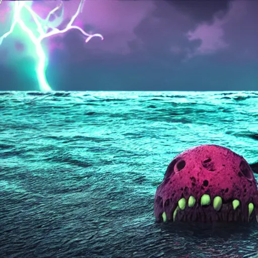 Prompt: nightmare monster emerging from sea surface, but monster is dendritic, thunderstorm in background, ultra realistic, raytracing, color