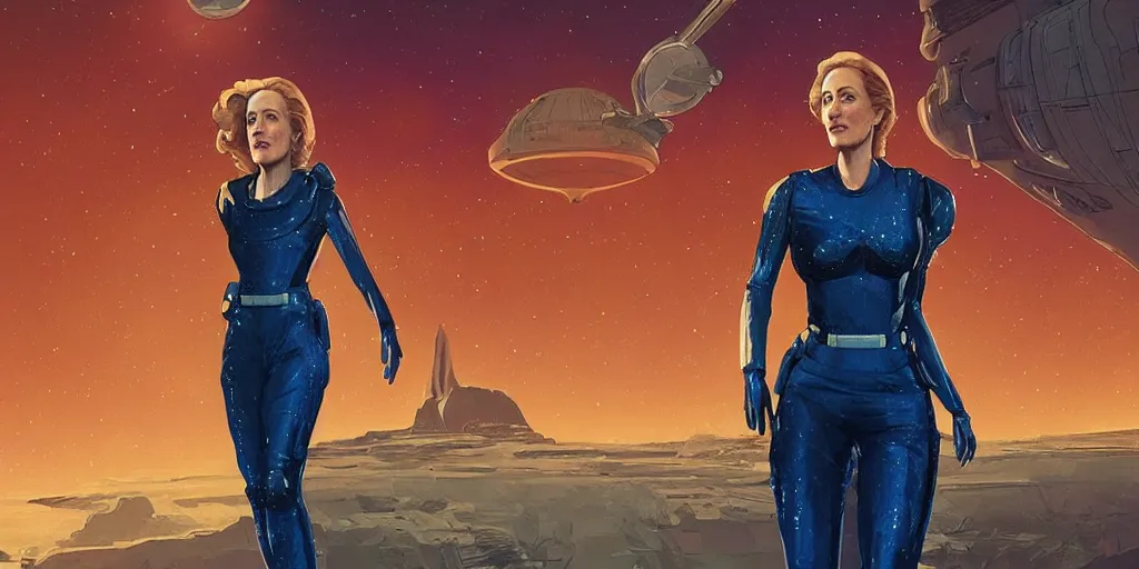 Prompt: Gillian Anderson as a stunning , beautiful retro SCI-FI space heroine 1985 , movie poster, intricate, elegant, highly detailed, centered, digital painting, trending on artstation, concept art, smooth, sharp focus, illustration, art by raphael lacoste ,eddie mendoza ,alex ross, WLOP
