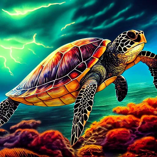 Image similar to photorealistic sea turtle riding waves of lightning. hyperdetailed photorealism, 1 0 8 megapixels, amazing depth, glowing rich colors, powerful imagery, psychedelic overtones, 3 d finalrender, 3 d shading, cinematic lighting, artstation concept art