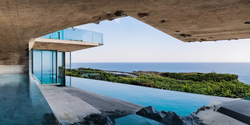 Image similar to cinematic view of beautiful modern villa on a cliff overlooking the ocean, photography