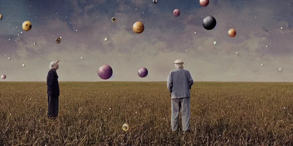 Image similar to an old man in a field looking at multiverse bubbles in the sky, scene from a stanley kubrick movie, in color