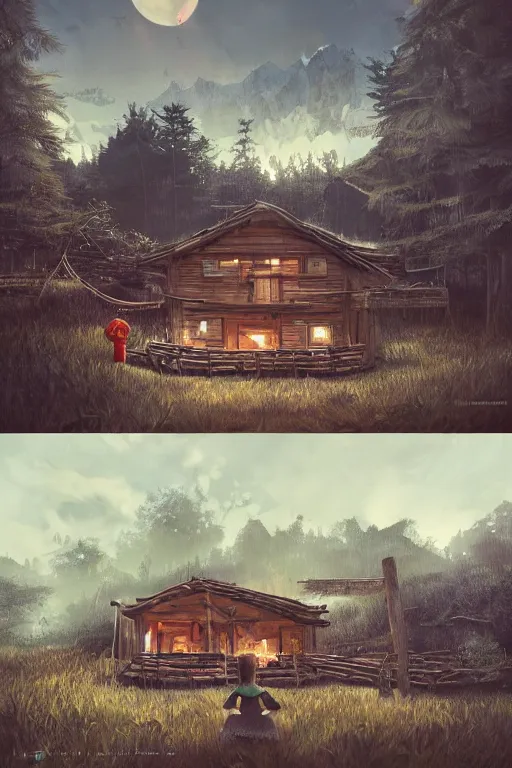 Image similar to an awesome twilight day concept art of old hut with chicken legs, by kengo kuma and wes anderson with village, mixed development, cgsociety, fantastic realism, artstation hq