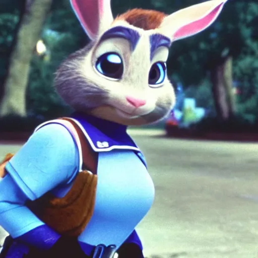 Prompt: Judy Hopps as a real human young policewoman, film still form Police Academy (1984)