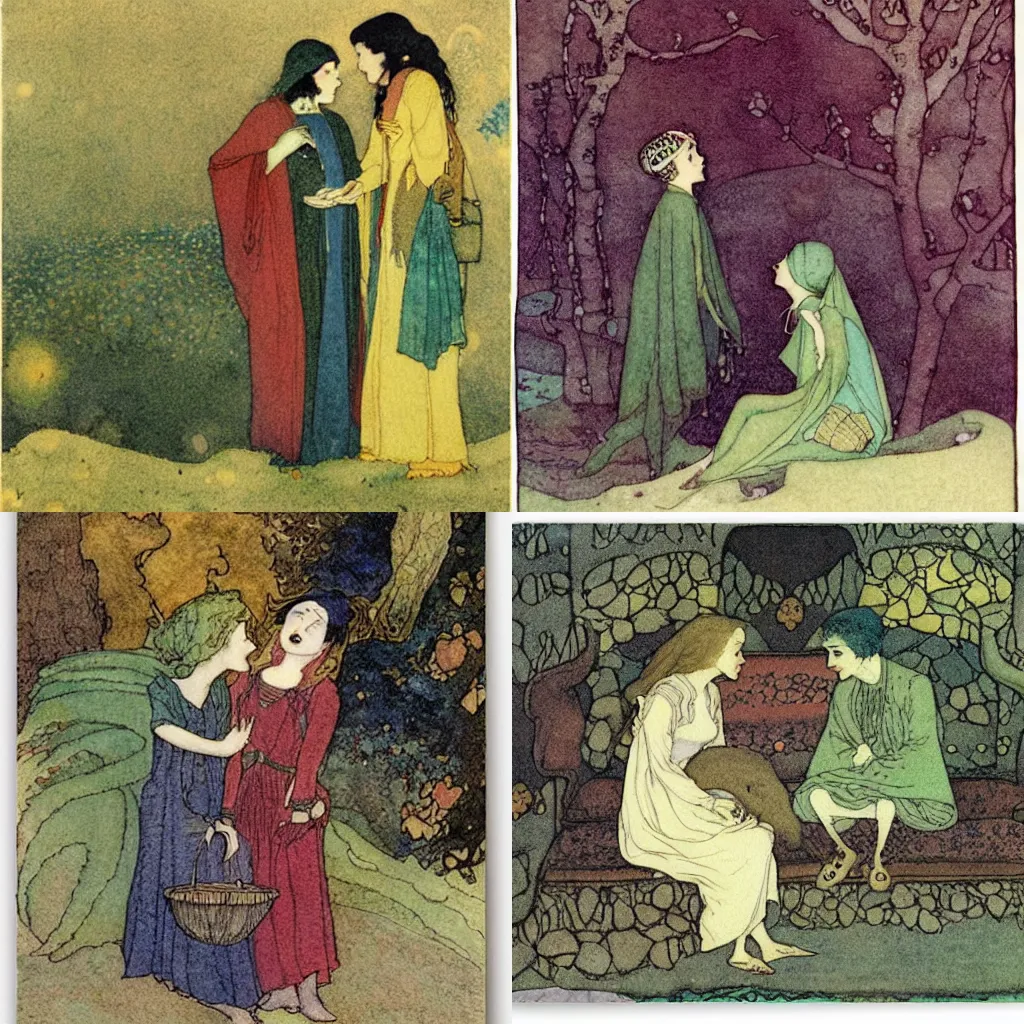 Prompt: two friends chatting, illustration by edmund dulac