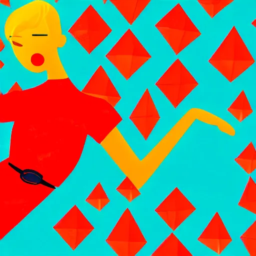 Image similar to a girl wearing a red dress, geometric shapes, in the style of kurzgesagt, high contrat