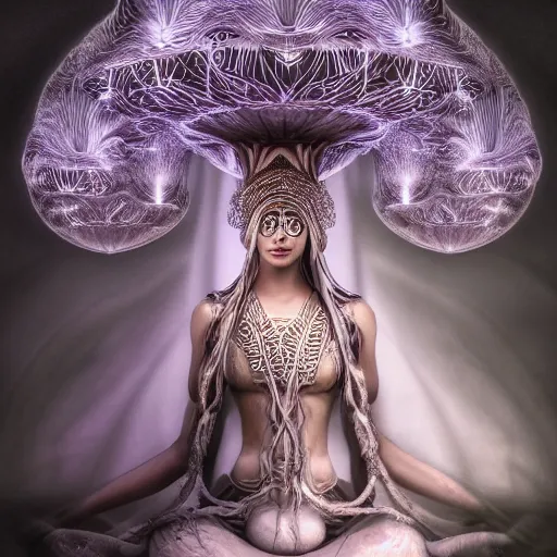 Prompt: mushroom goddess with extremely elegant headdress with group of elders in a ceremony for plant medicine, beautiful, marvelous designer, cloth physics, mocap, deviantart, yoshitaka amano, alex grey, black and white, beautiful lighting, photorealistic, concept art, perfect render, 3 d render, unreal engine, 8 k