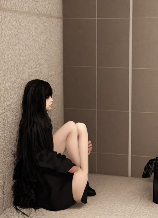 Image similar to a 1 4 year old girl eveline from resident evil 7 with straight long black hair wearing black dress that sitting on bathroom floor, model エリサヘス s from acquamodels, render in re engine