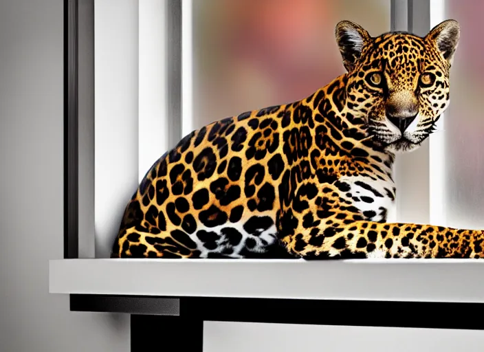 Image similar to photography of a Jaguar Cat . watching outside the window. on a bed. in a 70's room full of vinyls and posters, photorealistic, award winning photo, 100mm, sharp, high res