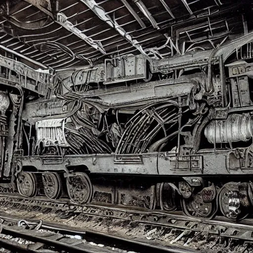 Image similar to boxcar made of human meat and bone, biomechanical railroad, highly detailed, War Photography, by H.R. Giger