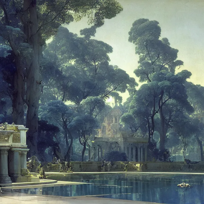 Prompt: gardens of marble draped in flowing sheets of cobalt blue satin, by ivan aivazovsky and syd mead and moebius and vasily perov and roger dean and wojciech siudmak and pieter claesz and paul delaroche and alma tadema and aelbert cuyp and willem claesz, hyperrealistic, volumetric light, render