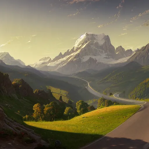 Prompt: Beautiful hyperrealistic detailed matte painting of a Landscape of the road with a view of the Swiss Alps with Lost Vibes in the foreground and distant mountains in the background, during hot summer, in the morning, a delicate mist, by andreas rocha and john howe, and Martin Johnson Heade, featured on artstation, featured on behance, golden ratio, ultrawide angle, f32, well composed, cohesive