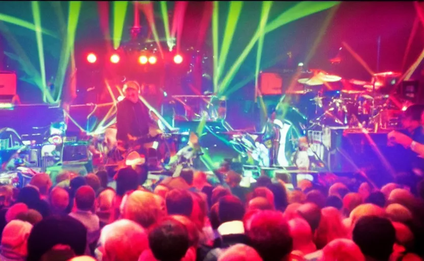 Prompt: colour photograph of 808 state on top of the pops, close up of Jimmy tarbuck blowing on a shakalute, shallow depth of field cinematic multi coloured light show in the back ground