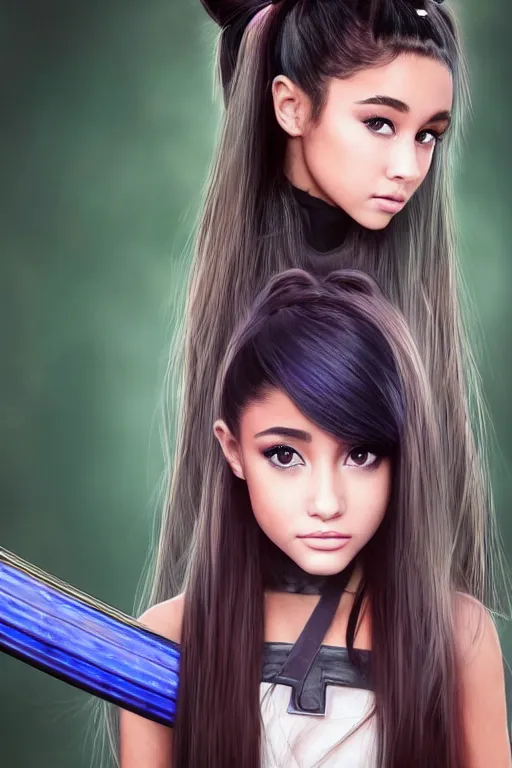 Prompt: highly detailed beautiful photo of blend of ariana grande and madison beer, as a young female samurai, practising sword stances, symmetrical face, beautiful eyes, cobalt blue hair, realistic anime art style, 8 k, award winning photo, pastels colours, action photography, 1 / 1 2 5 shutter speed, sunrise lighting