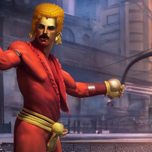 Image similar to freddy mercury as ken street fighter, ultra realistic, concept art, intricate details, highly detailed, photorealistic, octane render, 8 k, unreal engine, art by frank frazetta, simon bisley, brom