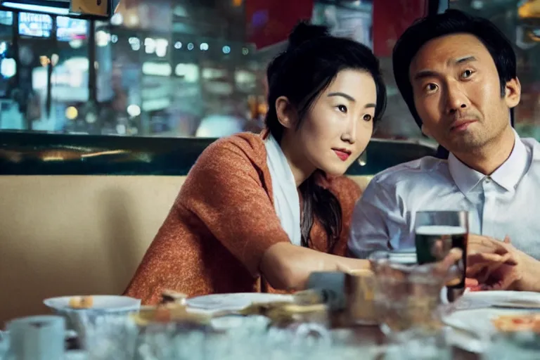 Image similar to VFX movie interior closeup beautiful Asian couple closeup sitting at 50s diner, night in the city, by Emmanuel Lubezki