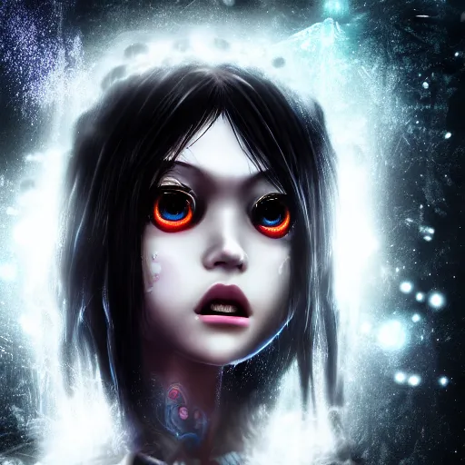 Image similar to photorealistic full shot of masterpiece angry darkness anime girl, beautifull lovely eyes, electric aura with particles, darkness background, inspired by tim burton, detailed, unreal engine 4 k, volumetric light, fog