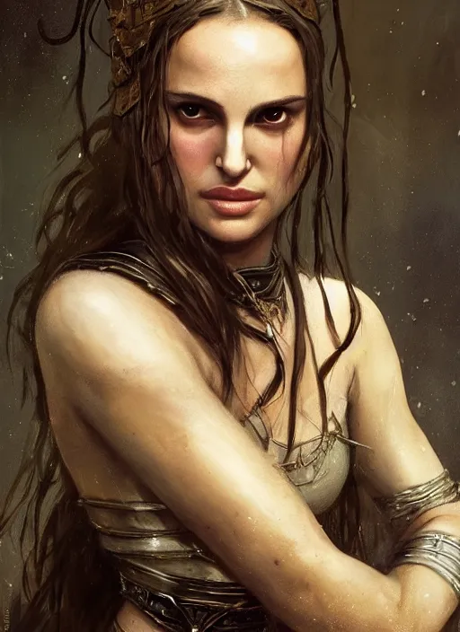 Image similar to young natalie portman, legendary warrior, fighter, lord of the rings, tattoos, decorative ornaments, battle armor, carl spitzweg, ismail inceoglu, vdragan bibin, hans thoma, greg rutkowski, alexandros pyromallis, cute, perfect face, detailed, sharply focused, centered, rule of thirds, photorealistic shading