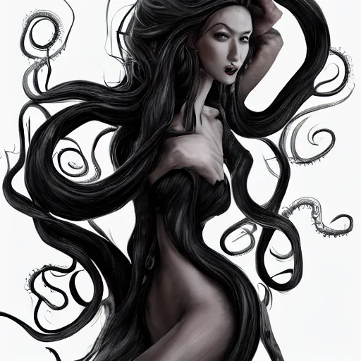 Prompt: Portrait of a woman with long slimy octopus tentacle hair, emaciated black evening gown, sunken eyes, character design, accentuated feminine features, realistic face, detailed face, comic book visual style, dramatic lighting, tonemapping, highly detailed, sharp focus, heavy contour lines, realism, cel shading, vibrant colors, ArtStation, trending on ArtStation, DeviantArt, David Nakayama