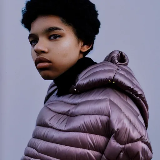 Prompt: realistic photoshooting for a new issey miyake lookbook, color film photography, portrait of a beautiful woman, model is wearing a asymetrical puffer jacket, in style of tyler mitchell, 3 5 mm,