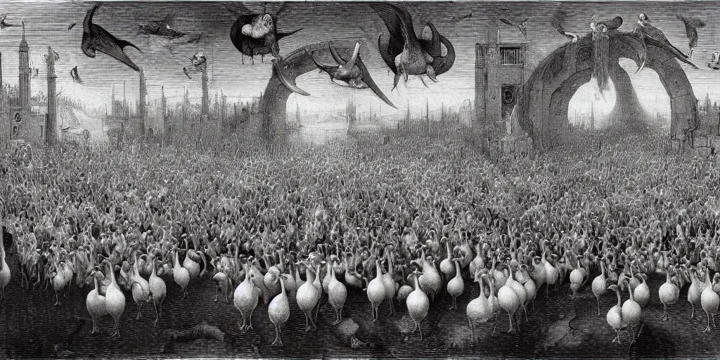 Image similar to gargantuan flock of geese guarding the gates of hell, art by gustave dore, hieronimus bosch