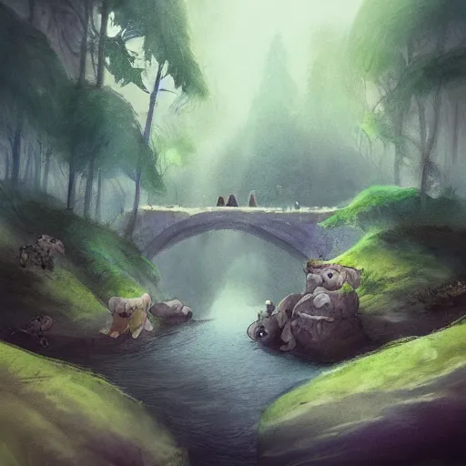 Image similar to magical tunnel inside the river and animals use it for crossing the river ,foggy ,dreamy , concept art trending on artstation, water color,