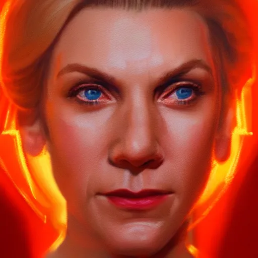 Image similar to portrait painting of rhea seehorn with red rays of light coming out of her eyes, beautiful detailed face, ultra photorealistic, concept art, intricate details, serious, highly detailed, smooth, sharp focus, featured on artstation, 8 k